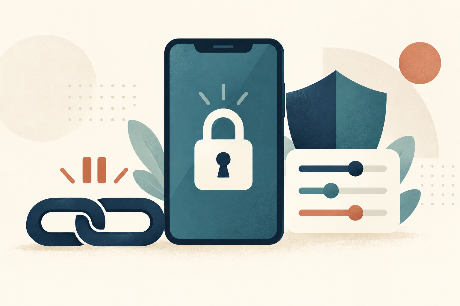 A smartphone with a padlock beside a disconnected chain link, illustrating online privacy and caution.